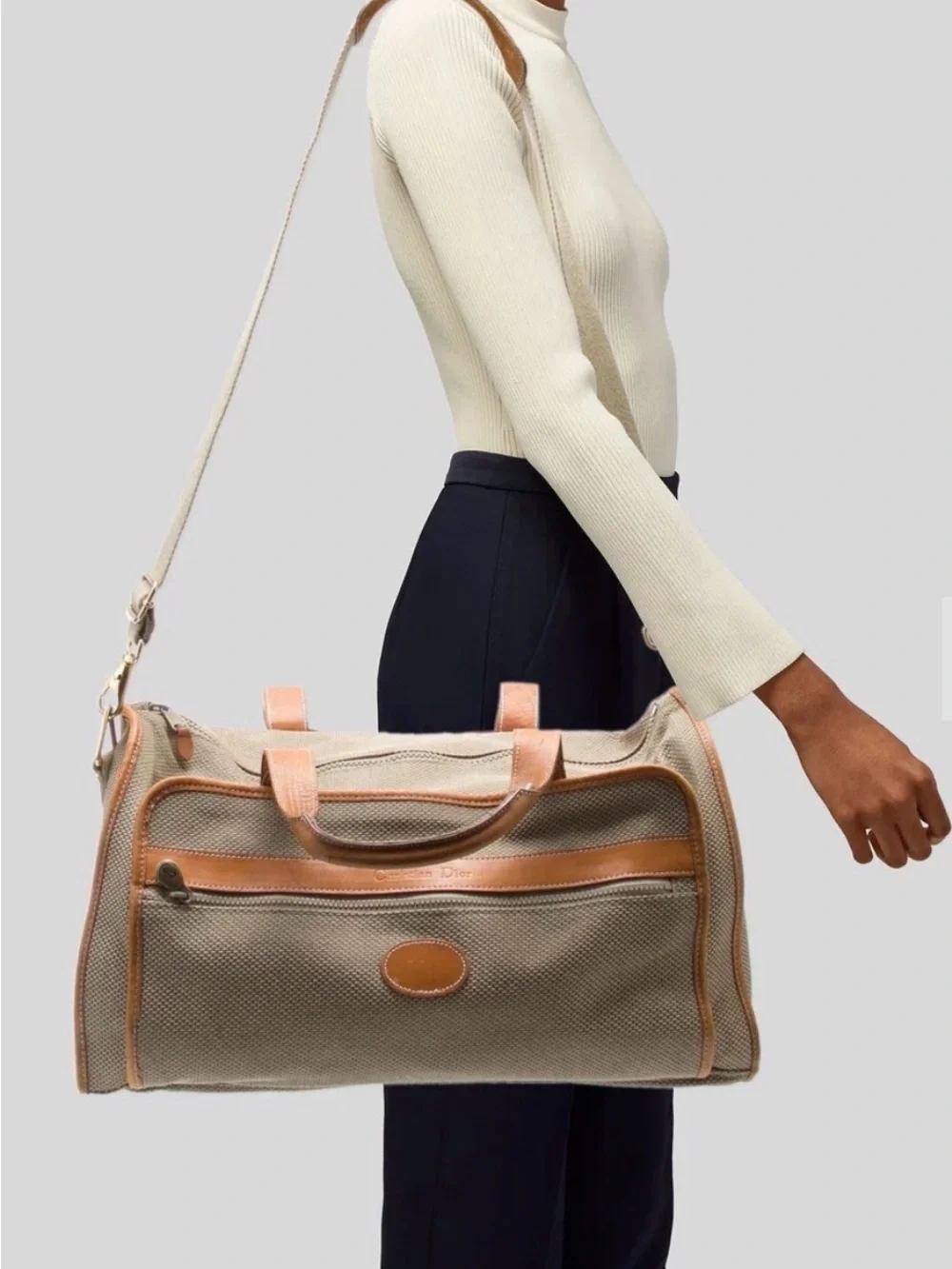 Christian Dior Vintage 3 Piece Honeycomb Canvas Tan Leather Travel set